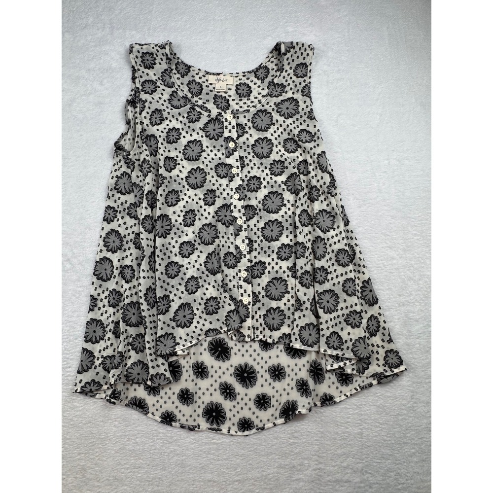 Style & Co Womens Large Black White Floral Polka Dot Sleeveless High Low Blouse